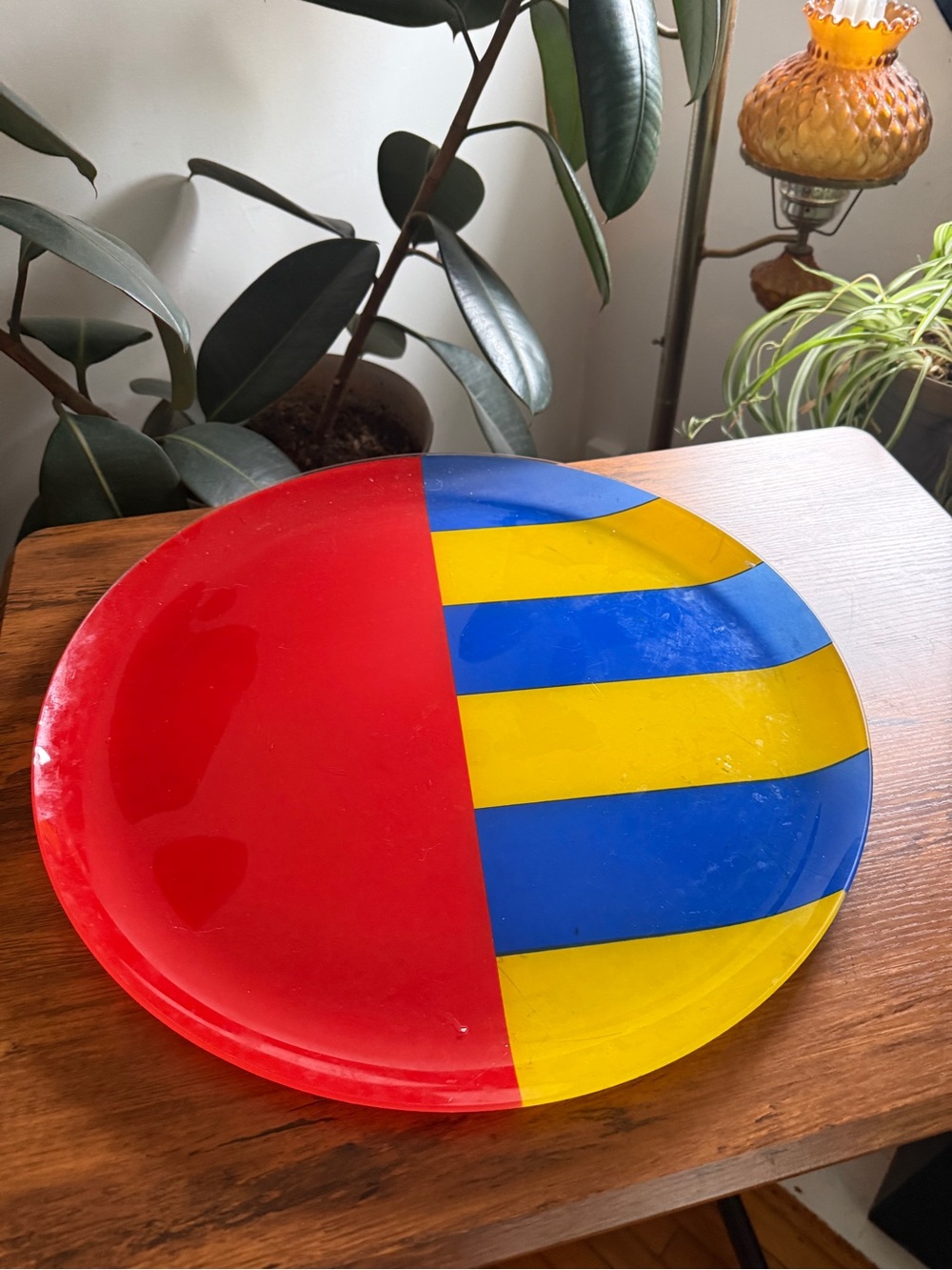DANSK color block Striped Glass Serving Plate — Red, Blue & Yellow